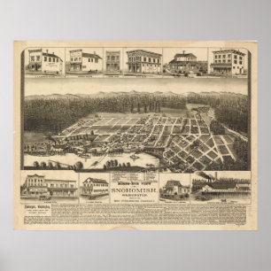 Snohomish Washington 1890 Antique Panoramic Map Poster