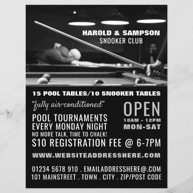 Snooker Club Portrait, Pool, Snooker Club Advert Flyer (Front)