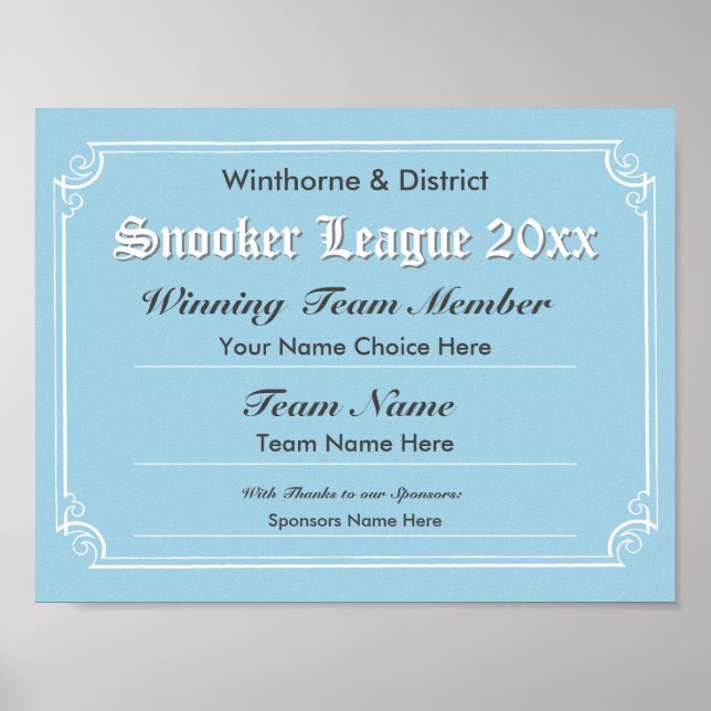 Snooker Competition Certificate Poster (Front)