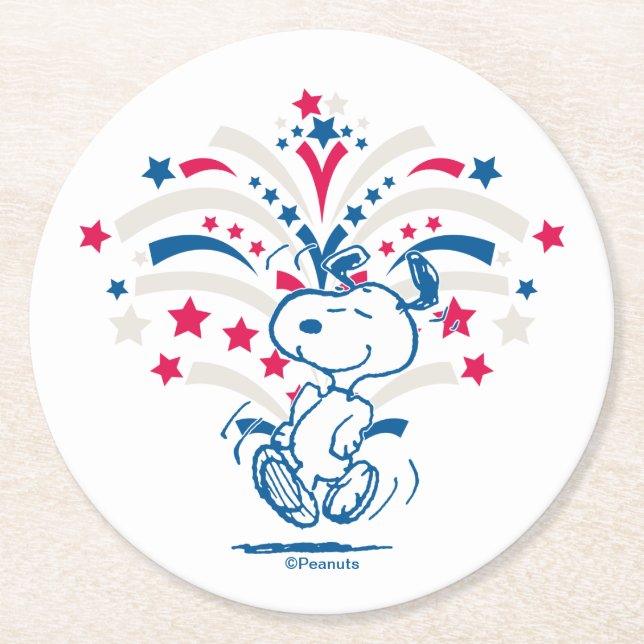 Snoopy 4th of July Dance Round Paper Coaster (Front)