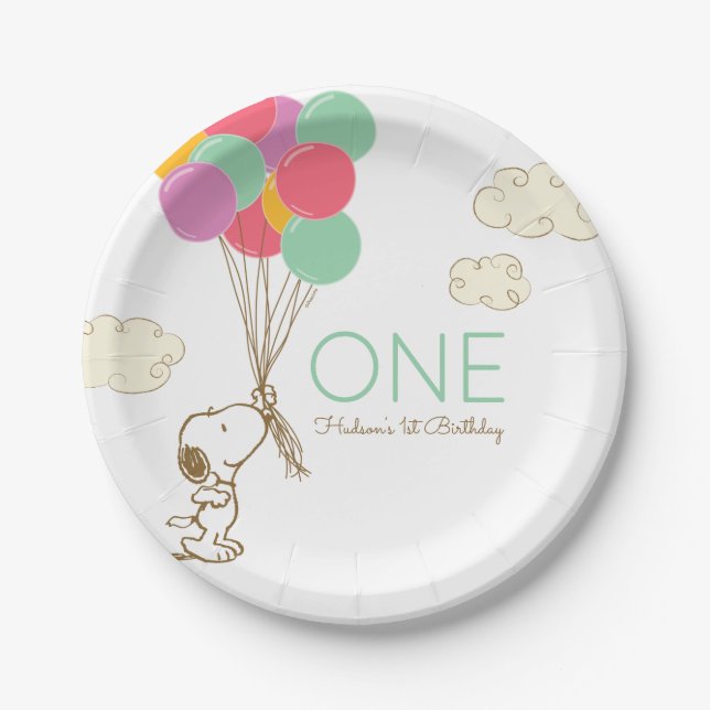 Snoopy and Balloons 1st Birthday Paper Plate (Front)