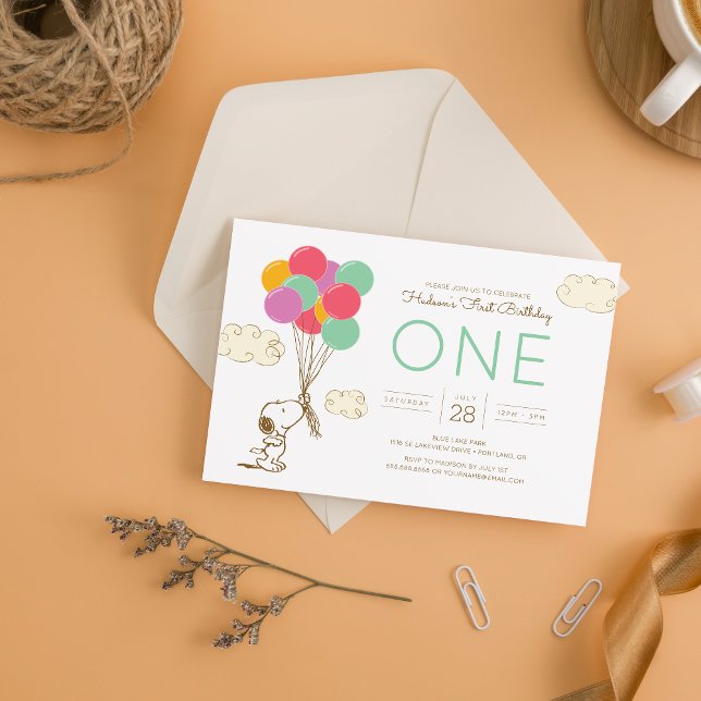 Snoopy and Balloons First Birthday Invitation (Creator Uploaded)
