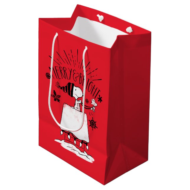 Snoopy and Woodstock - Merry & Bright Medium Gift Bag (Front Angled)