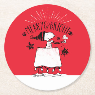 Snoopy and Woodstock - Merry & Bright Round Paper Coaster