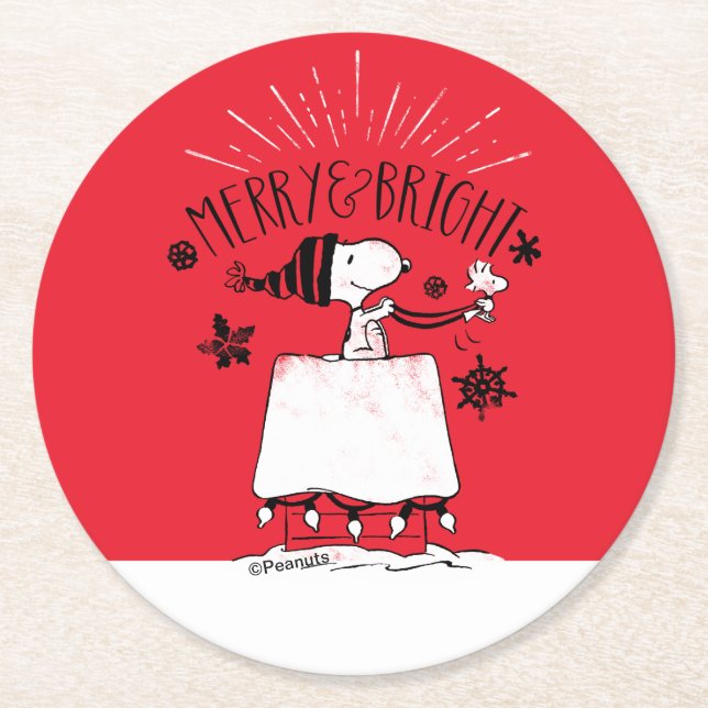 Snoopy and Woodstock - Merry & Bright Round Paper Coaster (Front)