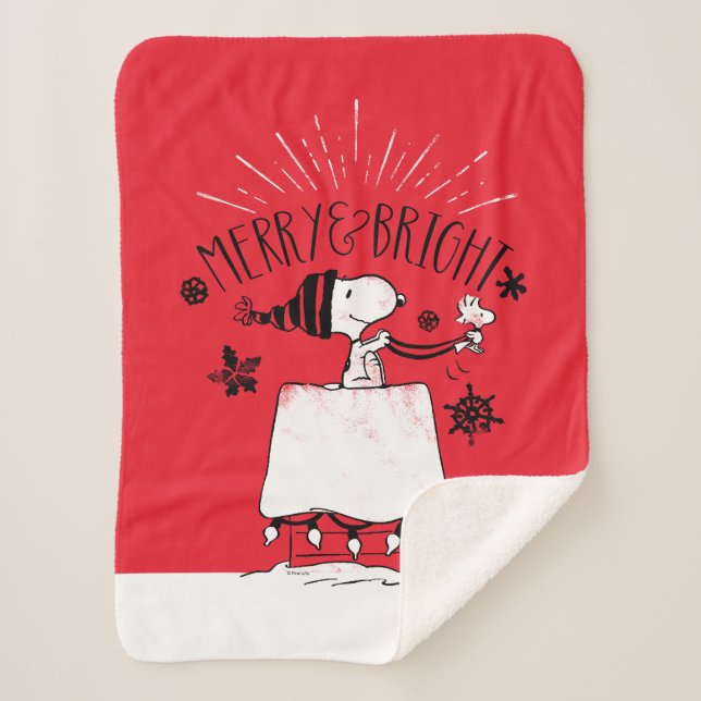 Snoopy and Woodstock - Merry & Bright Sherpa Blanket (Front)