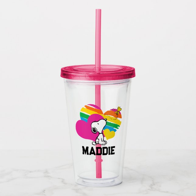Snoopy and Woodstock | Rainbow Hearts Acrylic Tumbler (Front)