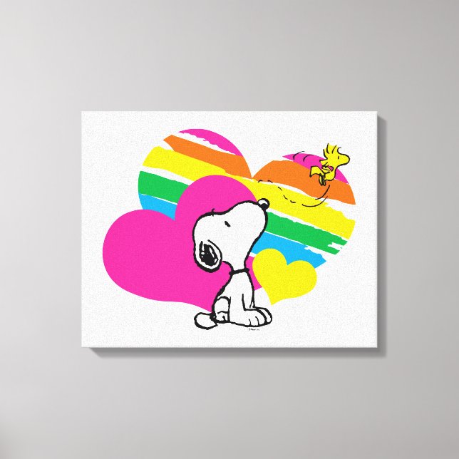 Snoopy and Woodstock | Rainbow Hearts Canvas Print (Front)