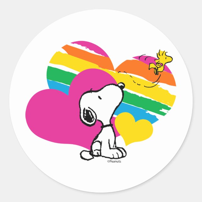 Snoopy and Woodstock | Rainbow Hearts Classic Round Sticker (Front)