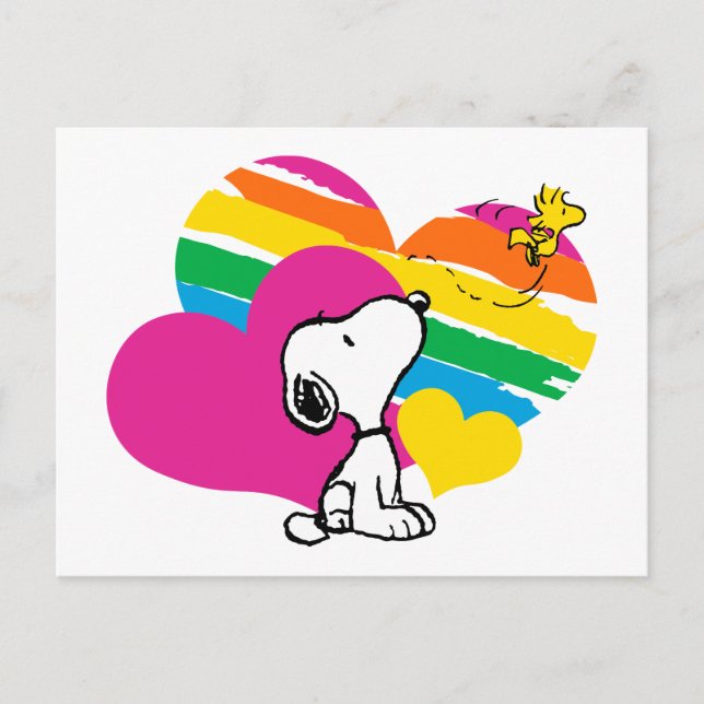 Snoopy and Woodstock | Rainbow Hearts Postcard (Front)