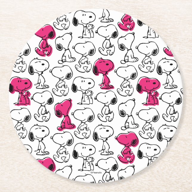 Snoopy Black & Magenta Pattern Round Paper Coaster (Front)