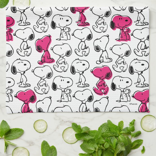Snoopy Black & Magenta Pattern Tea Towel (Folded)
