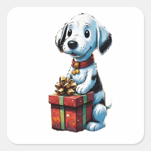 Snoopy dog holding a box gifts square sticker (Front)