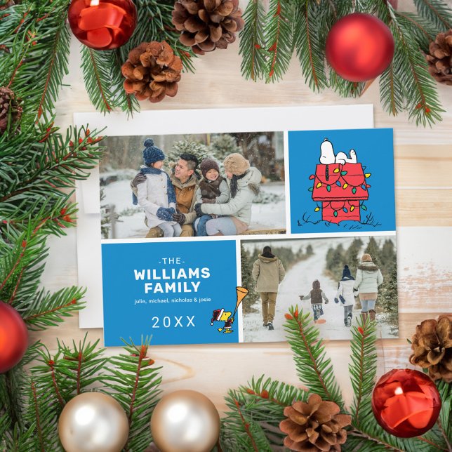 Snoopy Doghouse Christmas Family Photo Collage Holiday Card (Card on table)