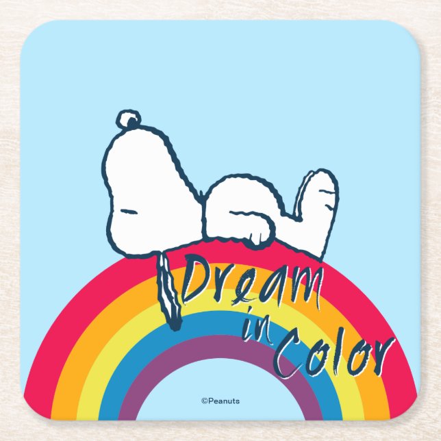 Snoopy | Dream in Colour Rainbow Square Paper Coaster (Front)