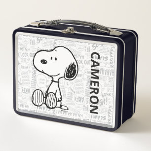 Snoopy on Black White Comics Add Your Name Metal Lunch Box