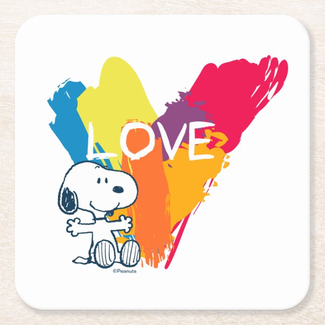 Snoopy | Rainbow Love Heart Square Paper Coaster (Front)