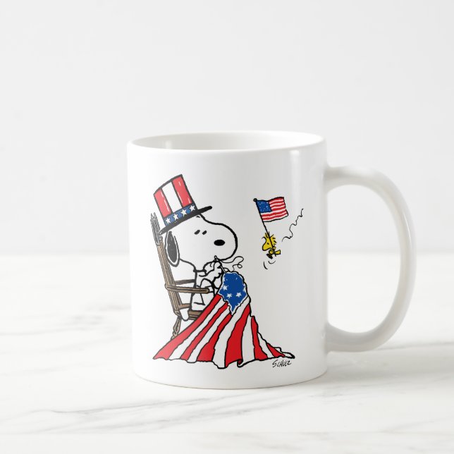 Snoopy Sewing 4th of July Flag Coffee Mug (Right)