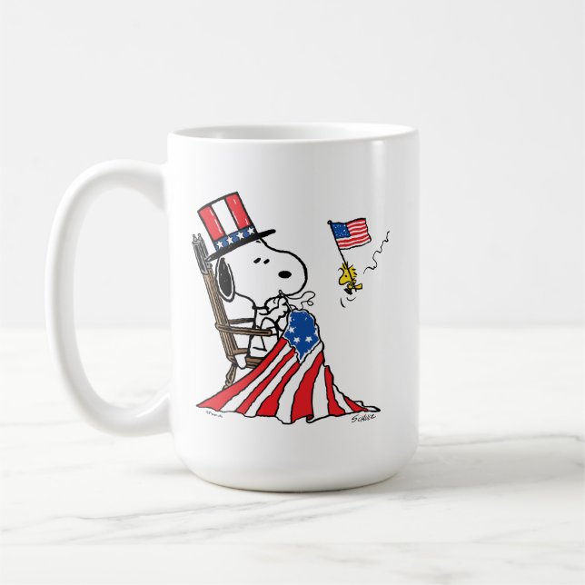Snoopy Sewing 4th of July Flag Coffee Mug (Left)