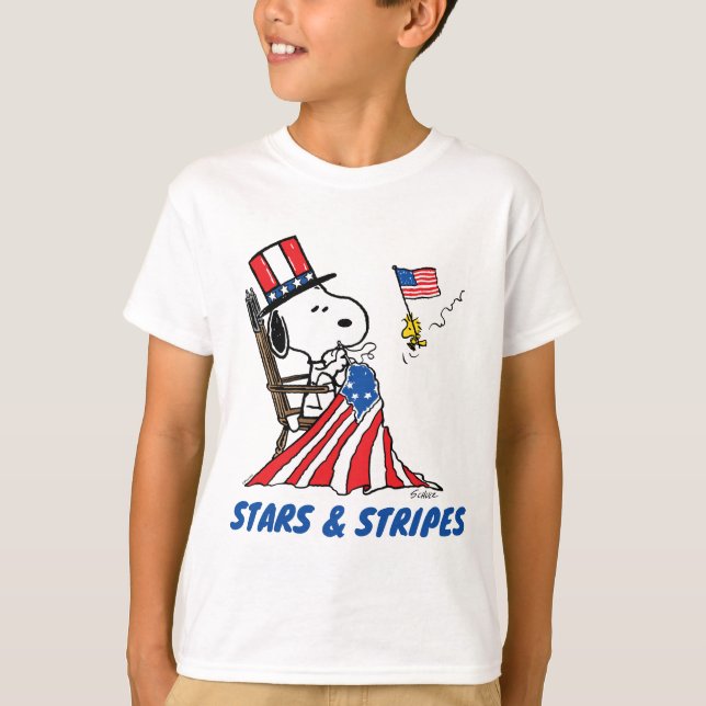 Snoopy Sewing 4th of July Flag T-Shirt (Front)