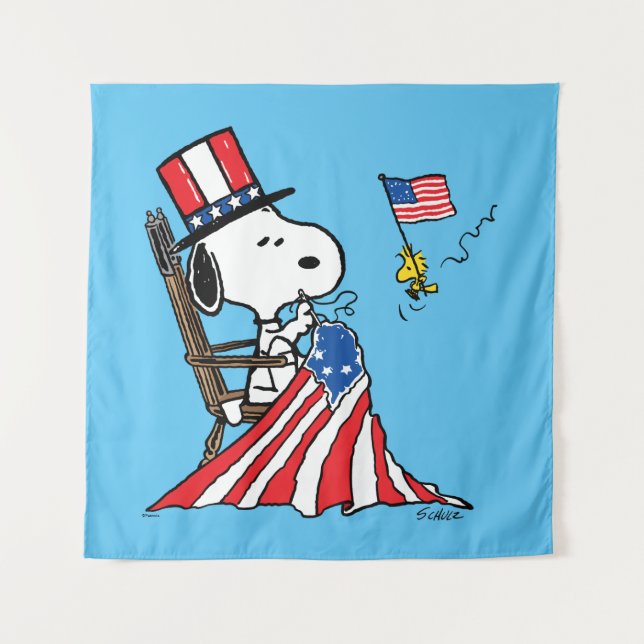 Snoopy Sewing 4th of July Flag Tapestry (Front)