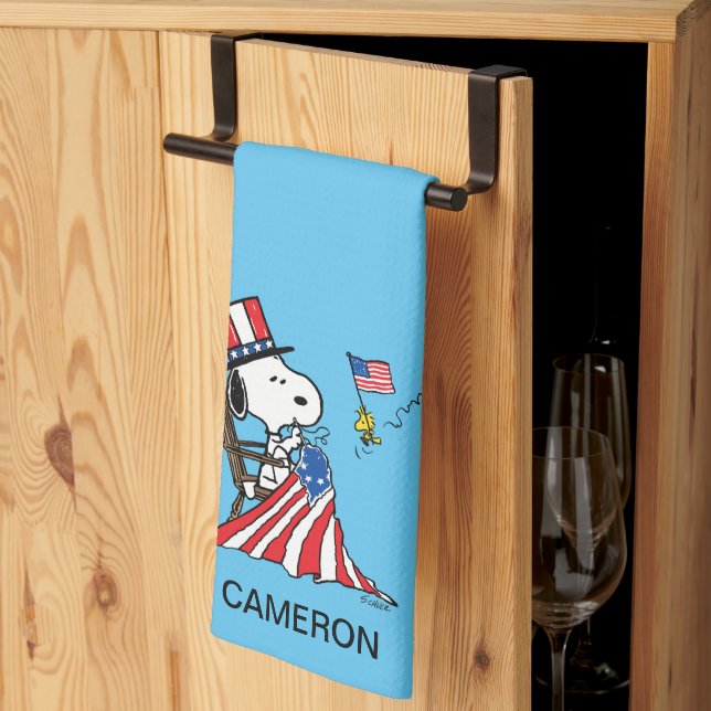 Snoopy Sewing 4th of July Flag Tea Towel (Thirds Fold)