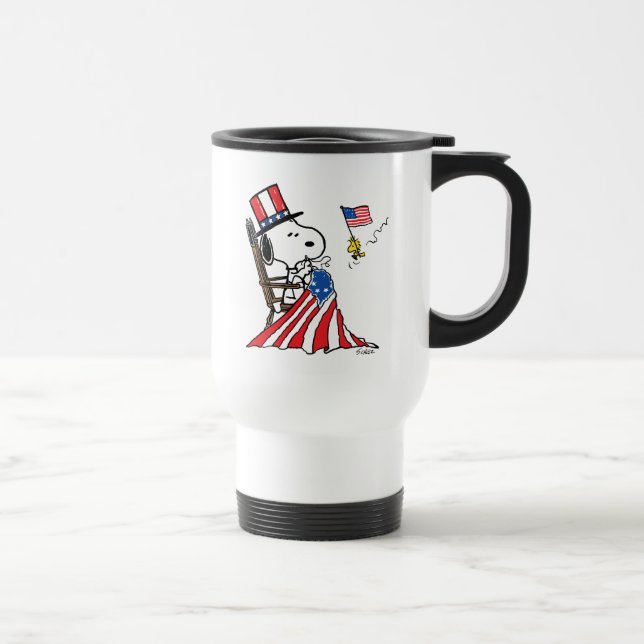 Snoopy Sewing 4th of July Flag Travel Mug (Right)