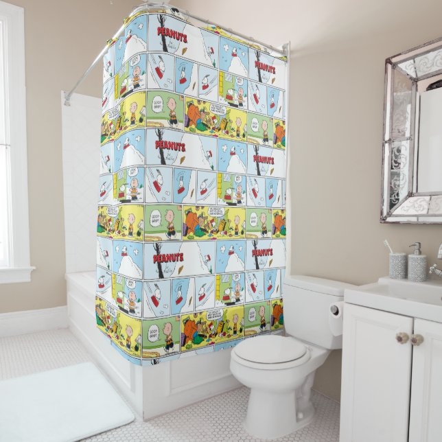 Snoopy Sled Riding Food Dish Shower Curtain (In Situ)