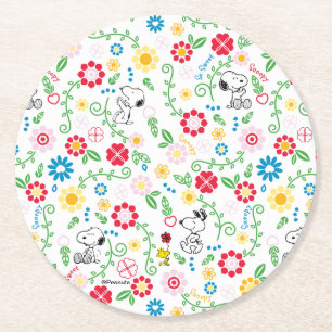 Snoopy So Sweet Flower Pattern Round Paper Coaster