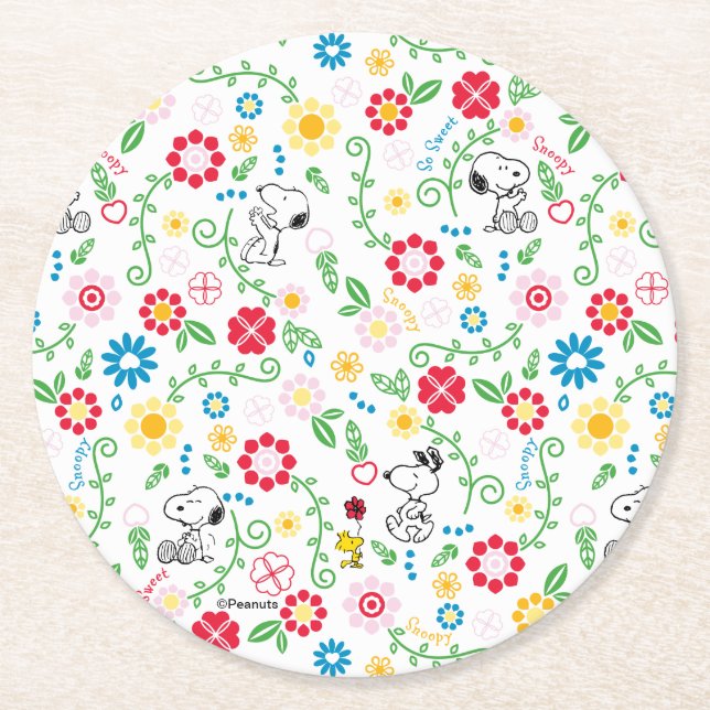 Snoopy So Sweet Flower Pattern Round Paper Coaster (Front)
