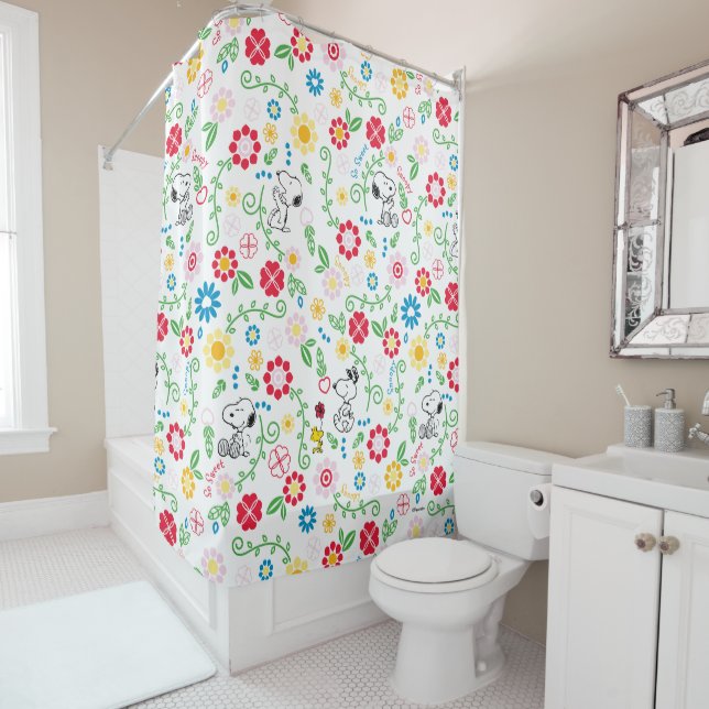 Snoopy So Sweet Flower Pattern Shower Curtain (In Situ)