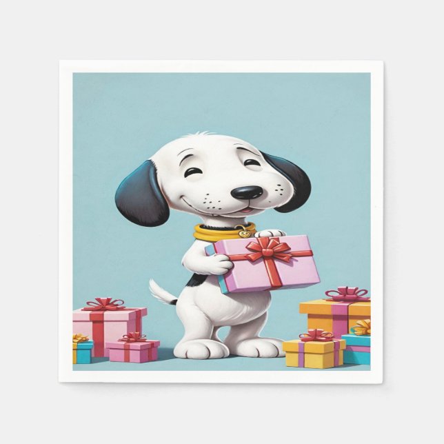 Snoopy, the cute hound is holding a gift box napkin (Front)