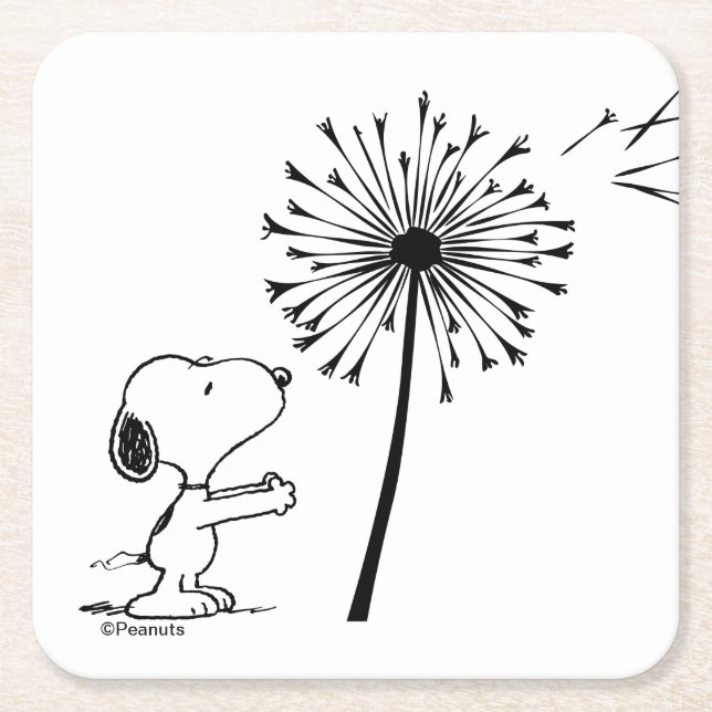 Snoopy With Dandelion Square Paper Coaster (Front)