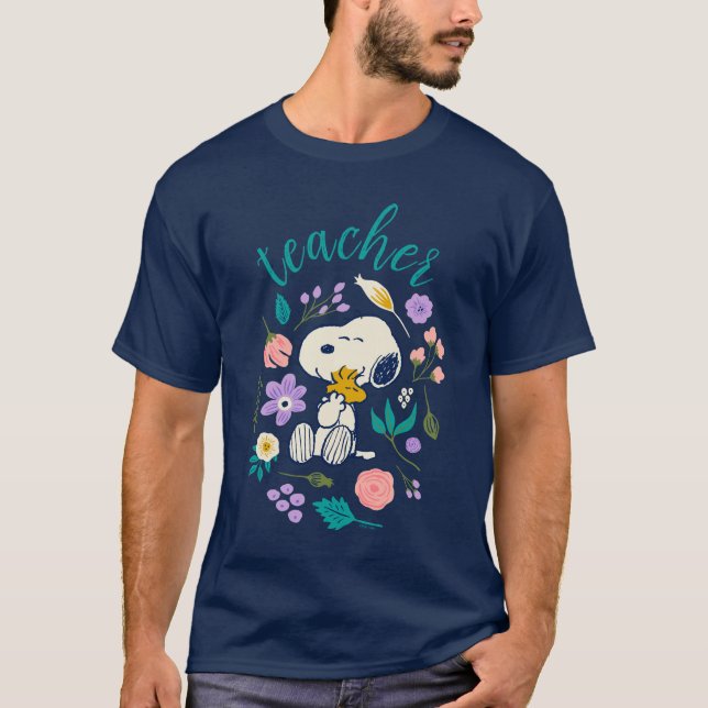 Snoopy & Woodstock Flower Hug Teacher T-Shirt (Front)