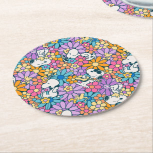 Snoopy & Woodstock Flower Pattern Round Paper Coaster