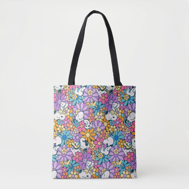 Snoopy & Woodstock Flower Pattern Tote Bag (Front)