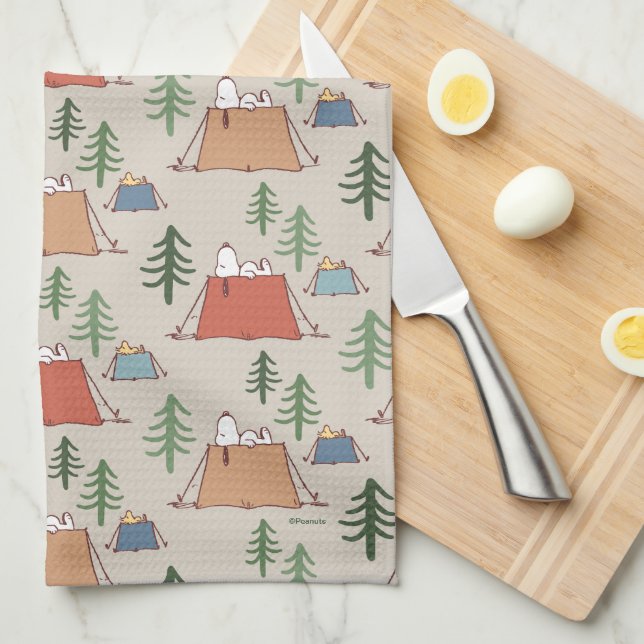 Snoopy & Woodstock Go Camping Pattern Tea Towel (Quarter Fold)