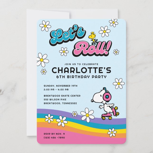 Snoopy & Woodstock - Groovy Roller Skate Birthday Invitation (Front)
