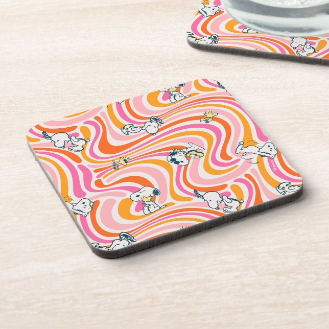 Snoopy & Woodstock Groovy Vibes Orange Pattern Coaster (Left Side)