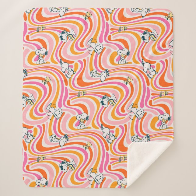 Snoopy & Woodstock Groovy Vibes Orange Pattern Sherpa Blanket (Front)