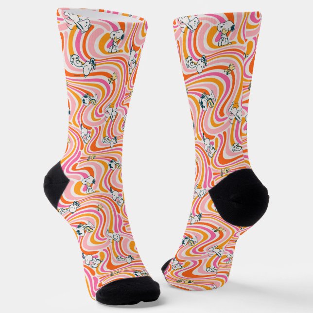 Snoopy & Woodstock Groovy Vibes Orange Pattern Socks (Angled)