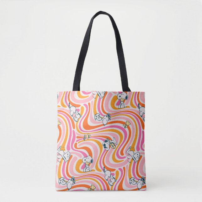 Snoopy & Woodstock Groovy Vibes Orange Pattern Tote Bag (Front)