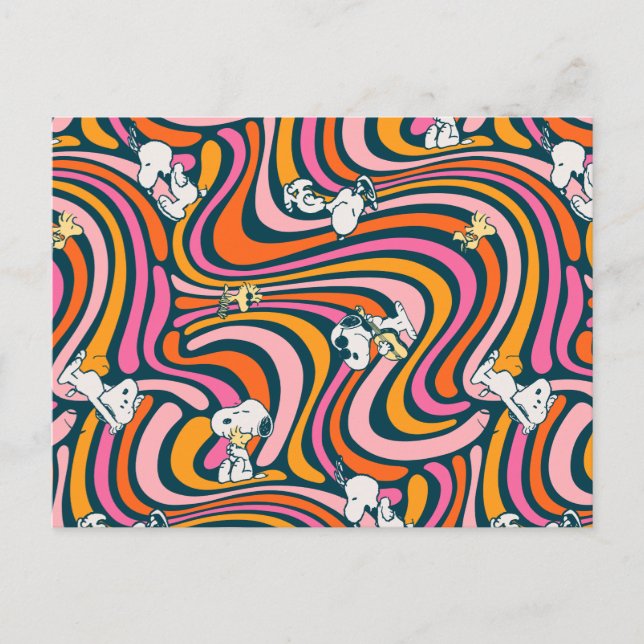 Snoopy & Woodstock Groovy Vibes Purple Pattern Postcard (Front)