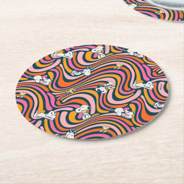 Snoopy & Woodstock Groovy Vibes Purple Pattern Round Paper Coaster (Angled)