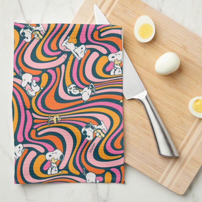 Snoopy & Woodstock Groovy Vibes Purple Pattern Tea Towel (Quarter Fold)