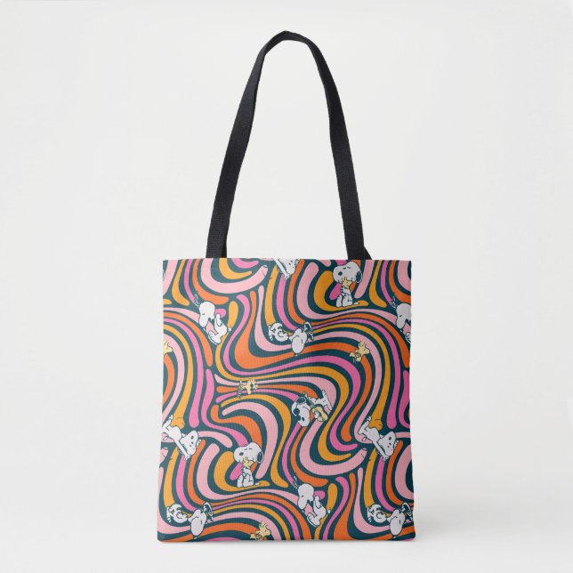 Snoopy & Woodstock Groovy Vibes Purple Pattern Tote Bag (Front)