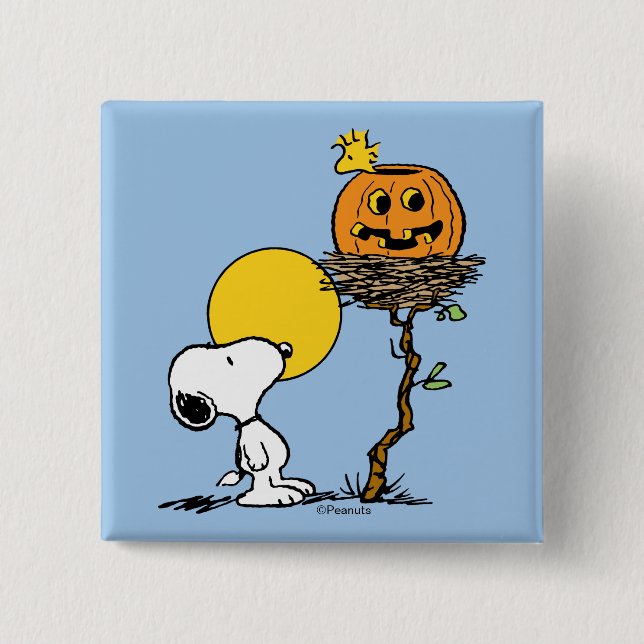Snoopy & Woodstock Nest With Jack O' Lantern 15 Cm Square Badge (Front)