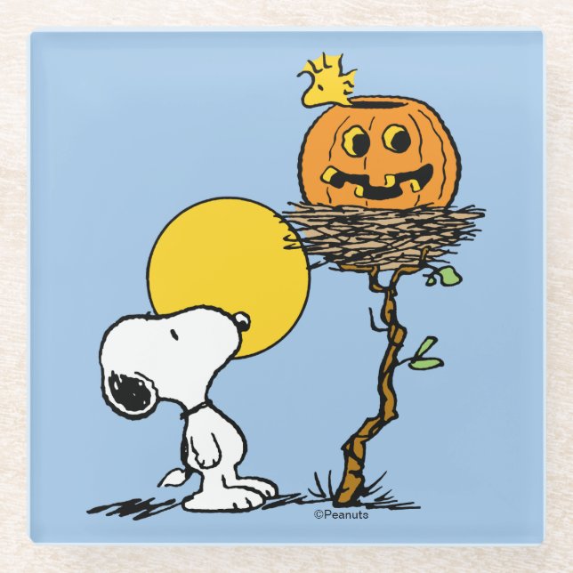 Snoopy & Woodstock Nest With Jack O' Lantern Glass Coaster (Front)
