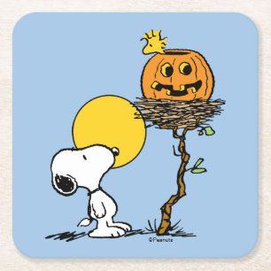 Snoopy & Woodstock Nest With Jack O' Lantern Square Paper Coaster
