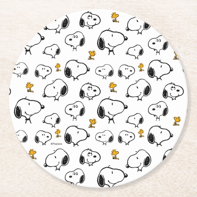 Snoopy & Woodstock Pattern Round Paper Coaster (Front)